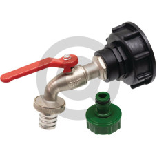 Adapter IBC, wersja krótka S60x6 z mosiężnym zaworem kulowym 3/4”, uszczelką i zatrzaskowym przyłączem kurka z tworzywa