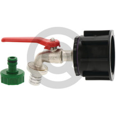 Adapter IBC, wersja długa S60x6 z mosiężnym zaworem kulowym 3/4” i zatrzaskowym przyłączem kurka z tworzywa