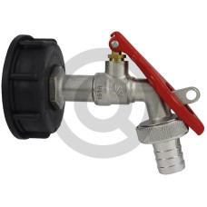 Adapter IBC, wersja bardzo krótka S60x6 z mosiężnym zaworem kulowym 3/4” i króćcem węża Ø 19 mm